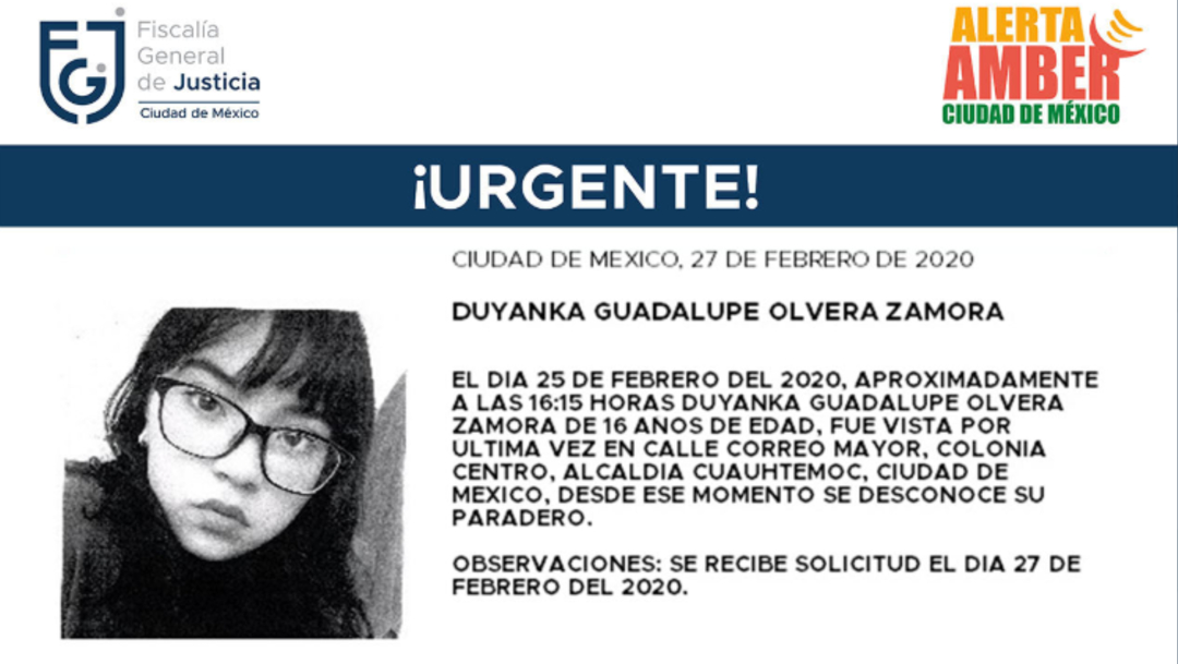 FOTO: Activan Alerta Amber para localizar a Duyanka Guadalupe Olvera Zamora, el 28 de febrero de 2020