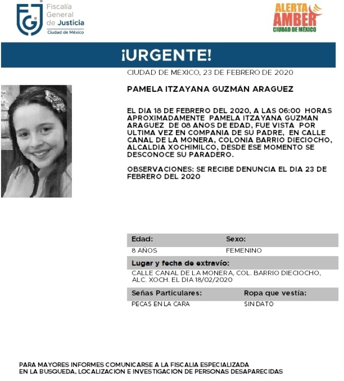 IMAGEN Alerta Amber por Pamela Itzayana Guzmán Araguez (Fiscalía CDMX)