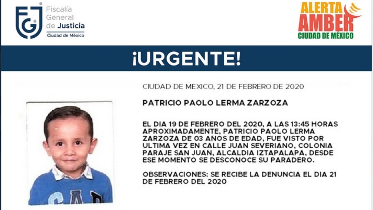 Alerta Amber: Patricio Paolo desapareció en Iztapalapa