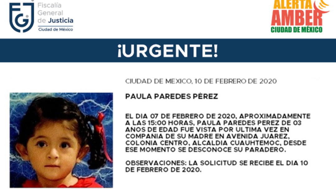 IMAGEN Alerta Amber por la niña Paula Paredes Pérez, de 3 años (Fiscalía CDMX)