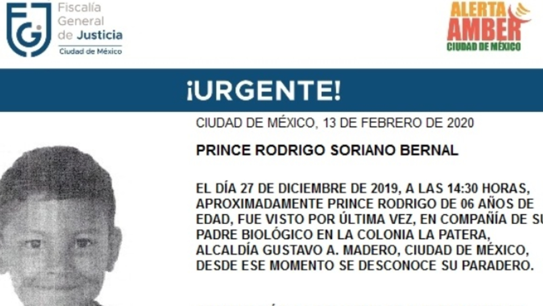 IMAGEN Alerta Amber por Prince Rodrigo Soriano, de 6 años (Fiscalía CDMX)