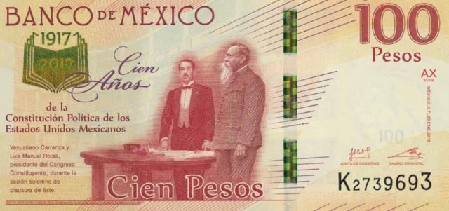 6 de febrero de 2020, billete de 100 pesos conmemorativo por centenario de Constitución de 1917 (Imagen: Banxico)