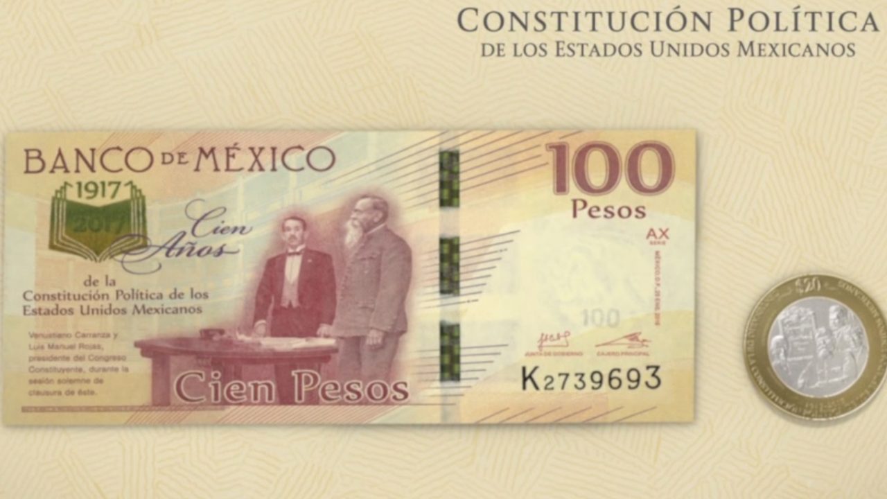 6 de febrero de 2020, billetes y monedas conmemorativas por centenario de Constitución de 1917 (Imagen: Banxico)