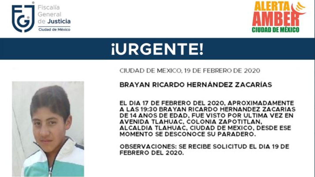 Foto: La Fiscalía capitalina activó la Alerta Amber para localizar a Brayan Ricardo Hernández Zacarías, 20 febrero 2020