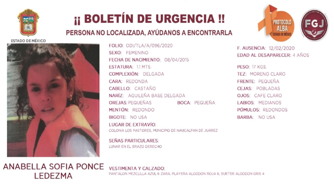 FOTO: Ayúdanos a encontrar a Anabella Ponce Ledezma, desaparecida en Naucalpan (FGJ EM)