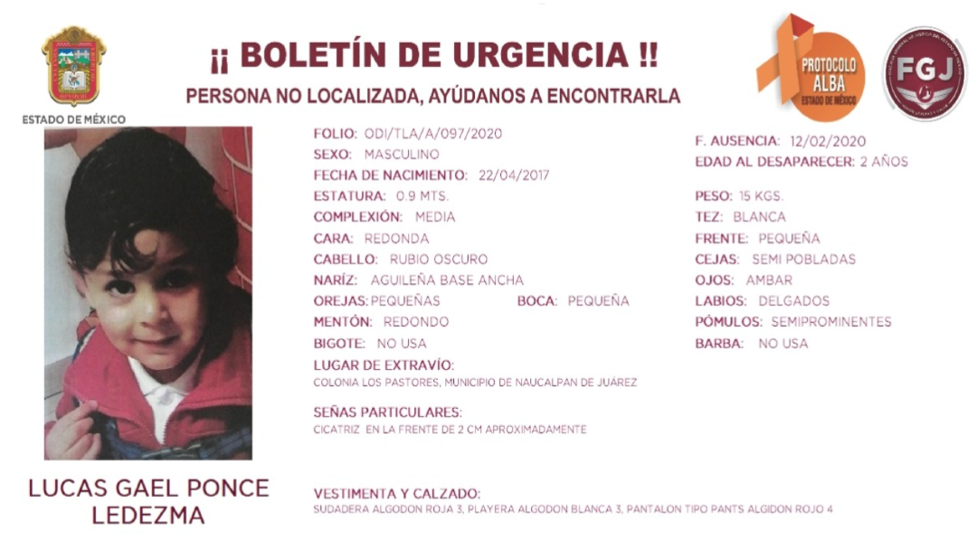 FOTO: Ayúdanos a encontrar a Lucas Gael Ponce Ledezma, desaparecido en Naucalpan (FGJ EM)