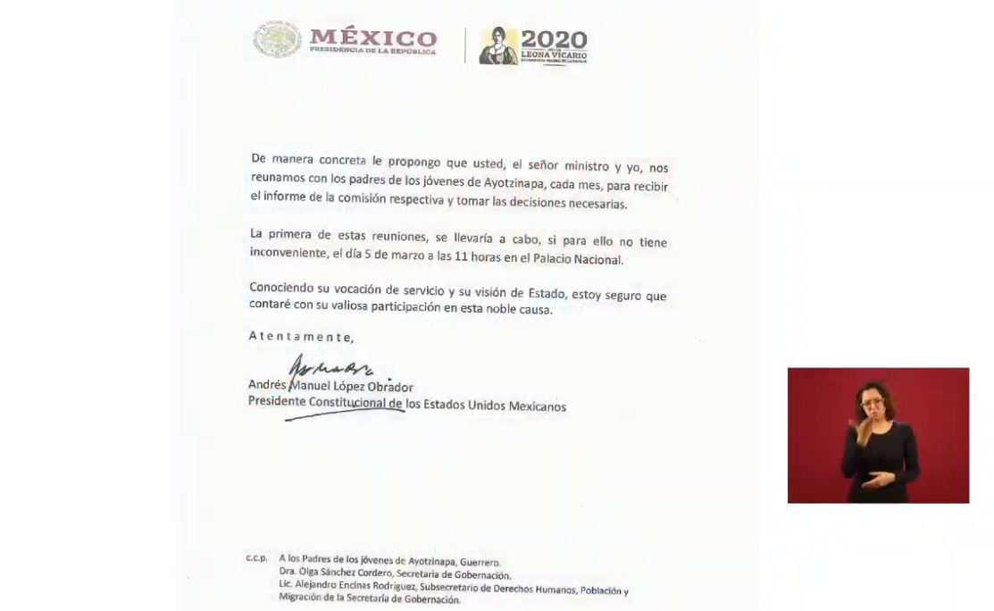 IMAGEN AMLO hace pública la carta que envió al fiscal general sobre el caso Ayotzinapa (YouTube)