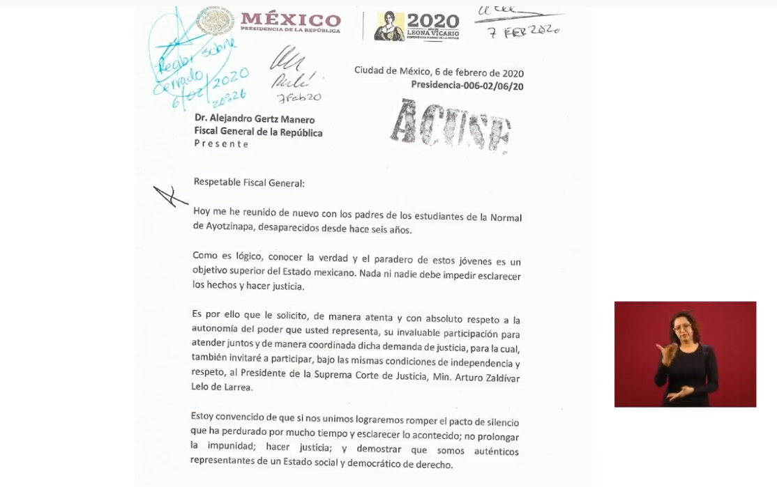 IMAGEN AMLO hace pública la carta que envió al fiscal general sobre el caso Ayotzinapa (YouTube)
