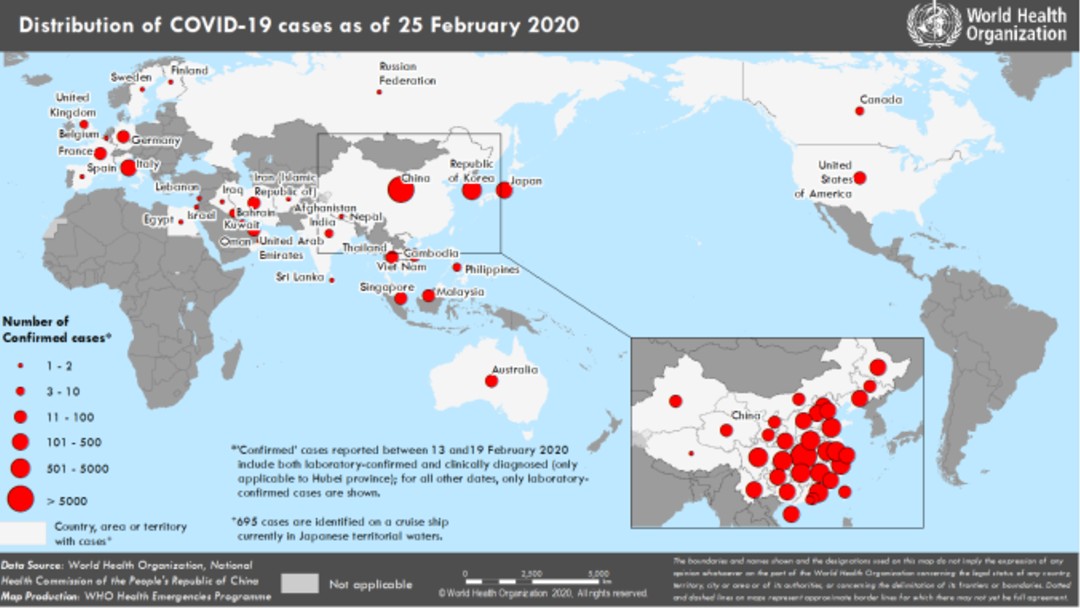 FOTO: Mapa de la disrtibución del coronavirus en el mundo. (OMS)