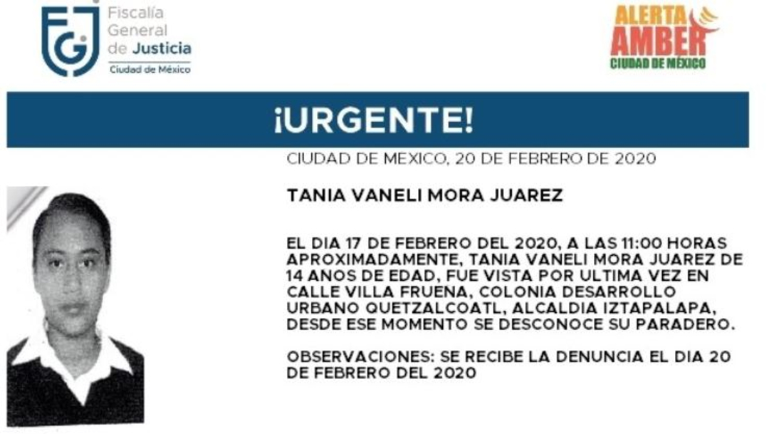 Foto: Activan Alerta Amber para localizar a Tania Vaneli Mora Juárez, 21 febrero 2020