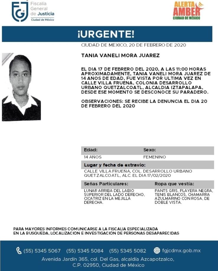Foto: Activan Alerta Amber para localizar a Tania Vaneli Mora Juárez, 21 febrero 2020