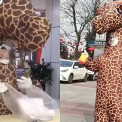 Video: Mujer se disfraza de jirafa para evitar contagio de coronavirus