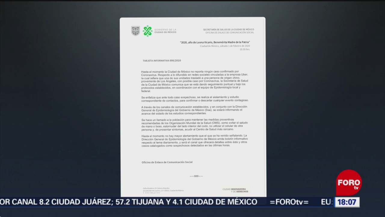 FOTO: 1 Febrero 2020, no hay casos confirmados de coronavirus en la ciudad de mexico