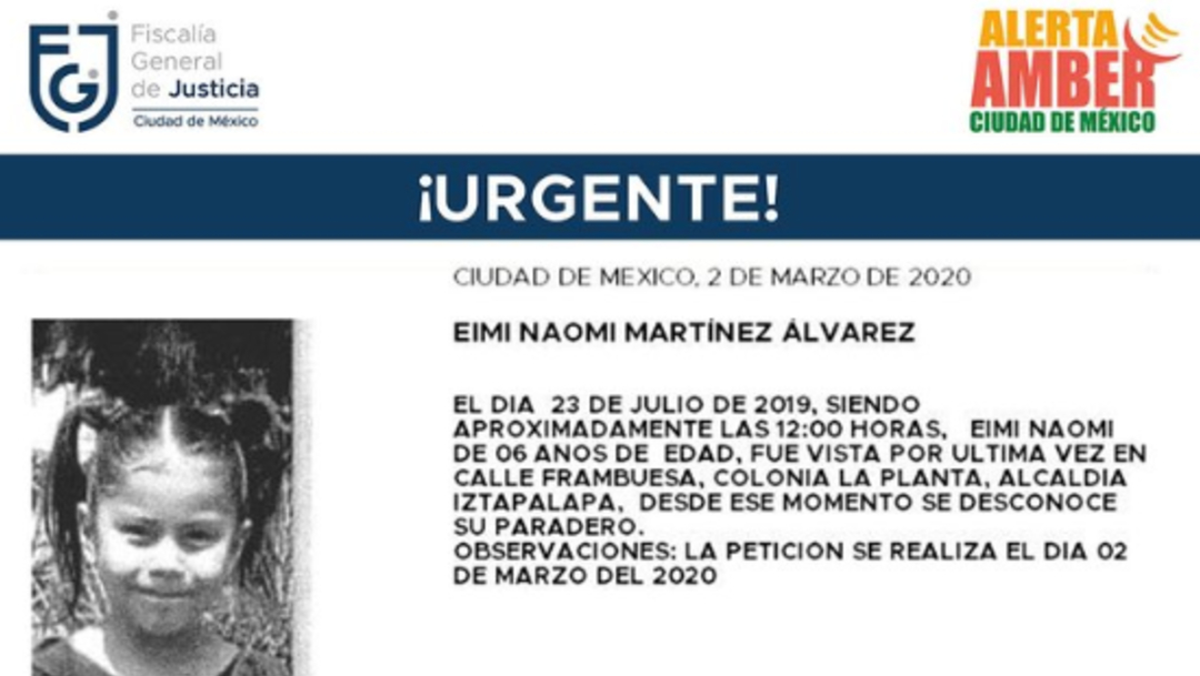 FOTO: Activan Alerta Amber para localizar a Eimi Naomi Martínez Álvarez, el 04 de marzo de 2020