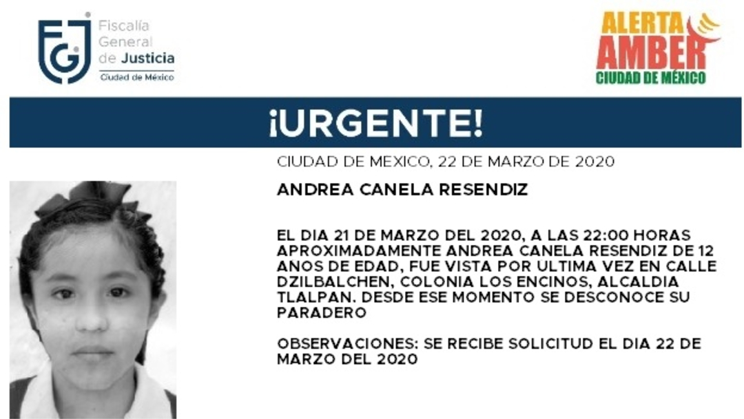 FOTO: Activan Alerta Amber para localizar a Andrea Canela Reséndiz