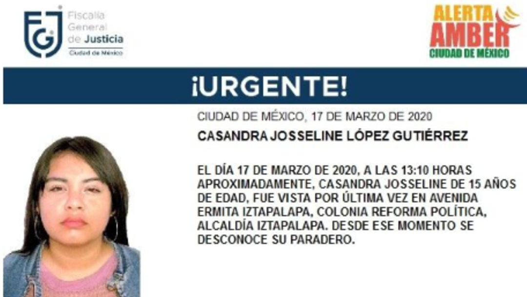 FOTO: Alerta Amber para localizar a Casandra Josseline López, el 18 de marzo de 2020