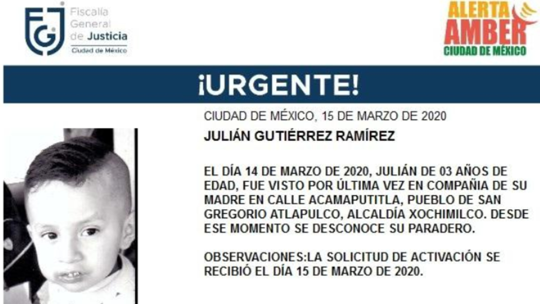 IMAGEN Se activa Alerta Amber por Julián Gutiérrez Ramírez (Fiscalía CDMX)