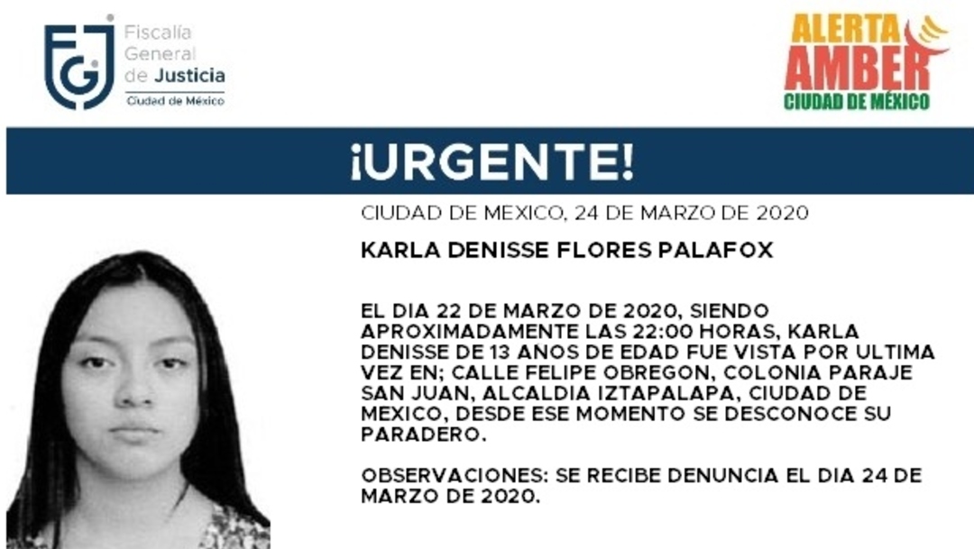 FOTO: Activan Alerta Amber para localizar a Karla Denisse Flores Palafox, el 25 de marzo de 2020