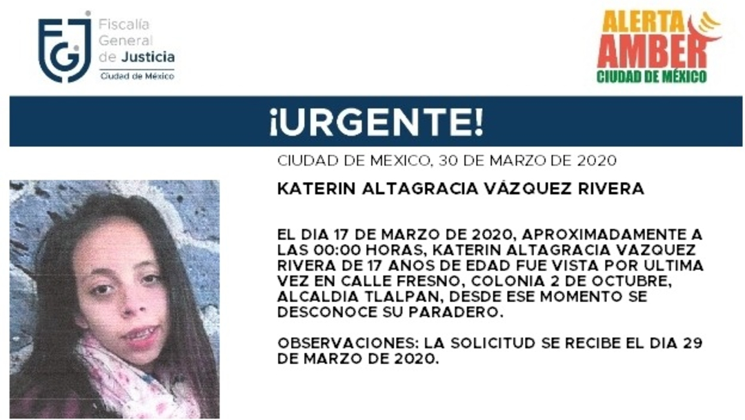 FOTO: Activan Alerta Amber para localizar a Katerin Altagracia Vázquez Rivera, el 30 de marzo de 2020