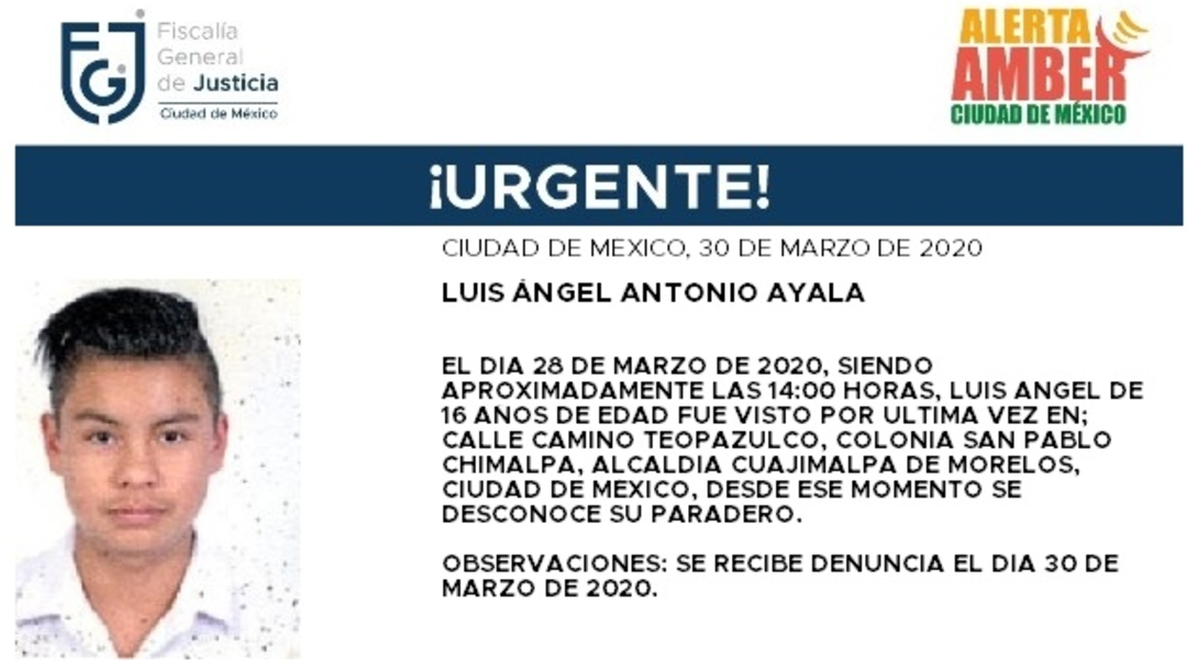 FOTO: Activan Alerta Amber para localizar al menor Luis Ángel Antonio Ayala, el 31 de marzo de 2020