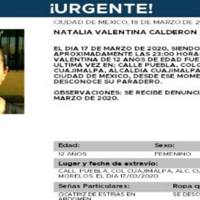Activan Alerta Amber para localizar a Natalia Valentina Calderón Palomares