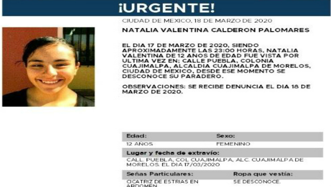 Foto: Se activa la Alerta Amber para localizar a Natalia Valentina Calderón Palomares, 19 marzo 2020