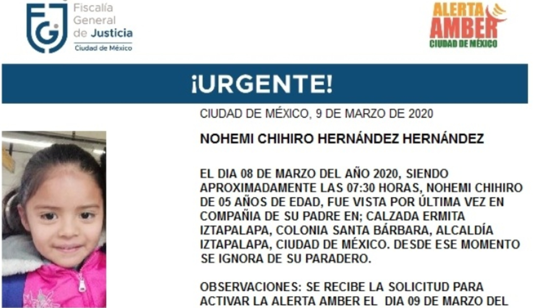 FOTO: Activan Alerta Amber para localizar a Nohemi Chihiro Hernández Henández, el 10 de marzo de 2020