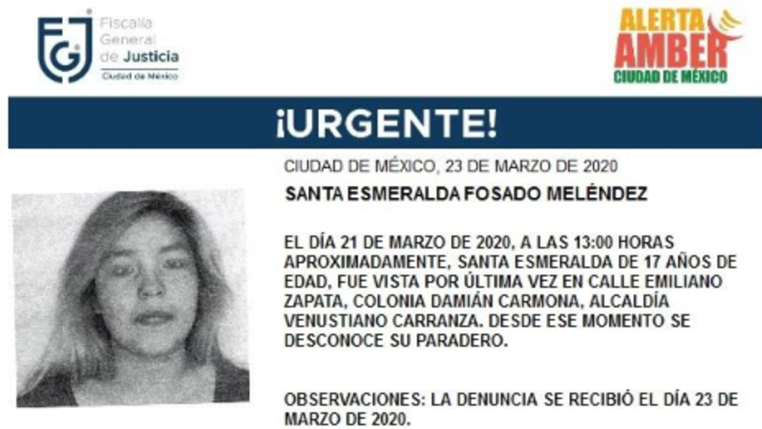 FOTO: Alerta Amber para localizar a Santa Esmeralda Fosado Meléndez, el 24 de marzo de 2020