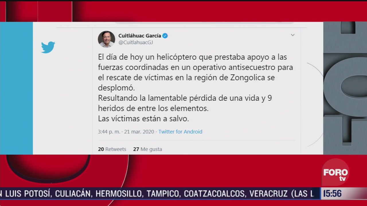 FOTO: 21 marzo 2020, cuitlahuac garcia confirma un muerto tras desplome de helicoptero en veracruz