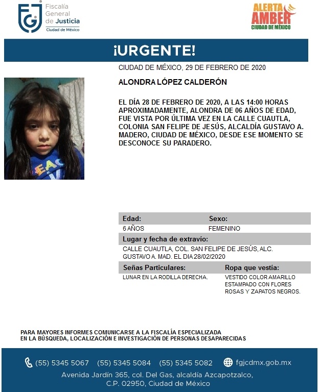 Activan Alerta Amber para Alondra López, de 6 años de edad
