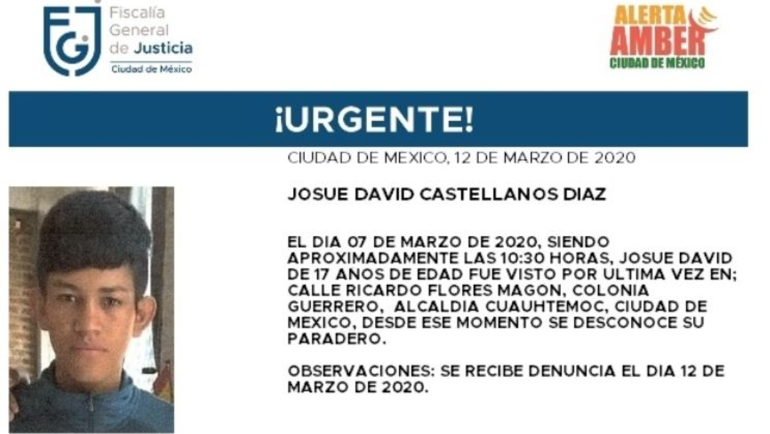 Foto: Activan Alerta Amber para localizar a Josué David Castellanos Díaz, 13 marzo 2020