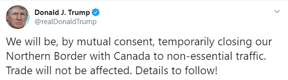 IMAGEn Trump anuncia cierre en frontera con Canadá por coronavirus (Twitter)