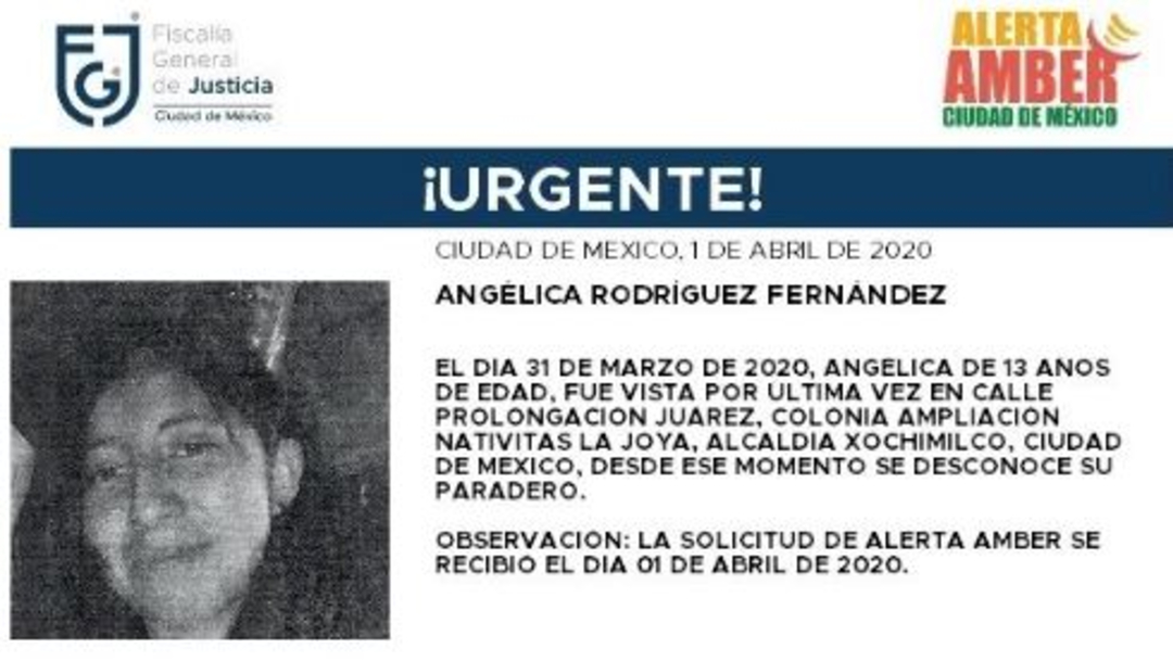 Foto: Activan Alerta Amber para localizar a Angélica Rodríguez Fernández, 2 abril 20202