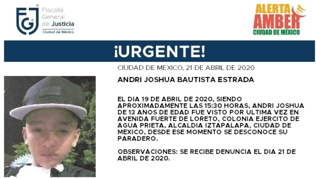 FOTO: Alerta Amber para localizar a Andri Joshua Bautista Estrada, el 22 de abril de 2020