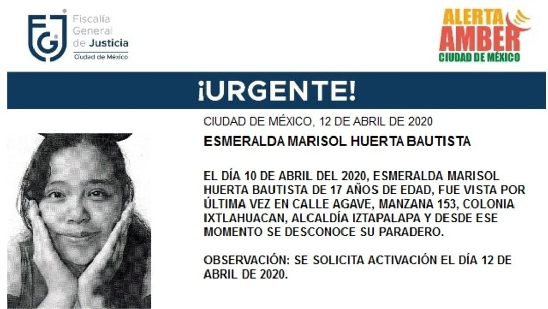 FOTO: Activan Alerta Amber para localizar a Esmeralda Marisol Huerta Bautista, el 13 de abril de 2020