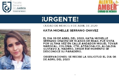 Activan Alerta Amber para localizar a Katia Michelle Serrano Chávez