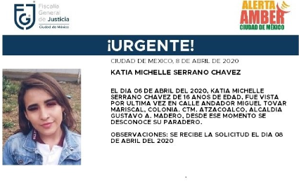 Foto: Activan Alerta Amber para localizar a Katia Michelle Serrano Chávez