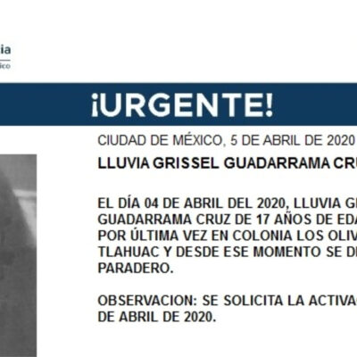 Activan Alerta Amber para localizar a  Lluvia Grissel Guadarrama Cruz