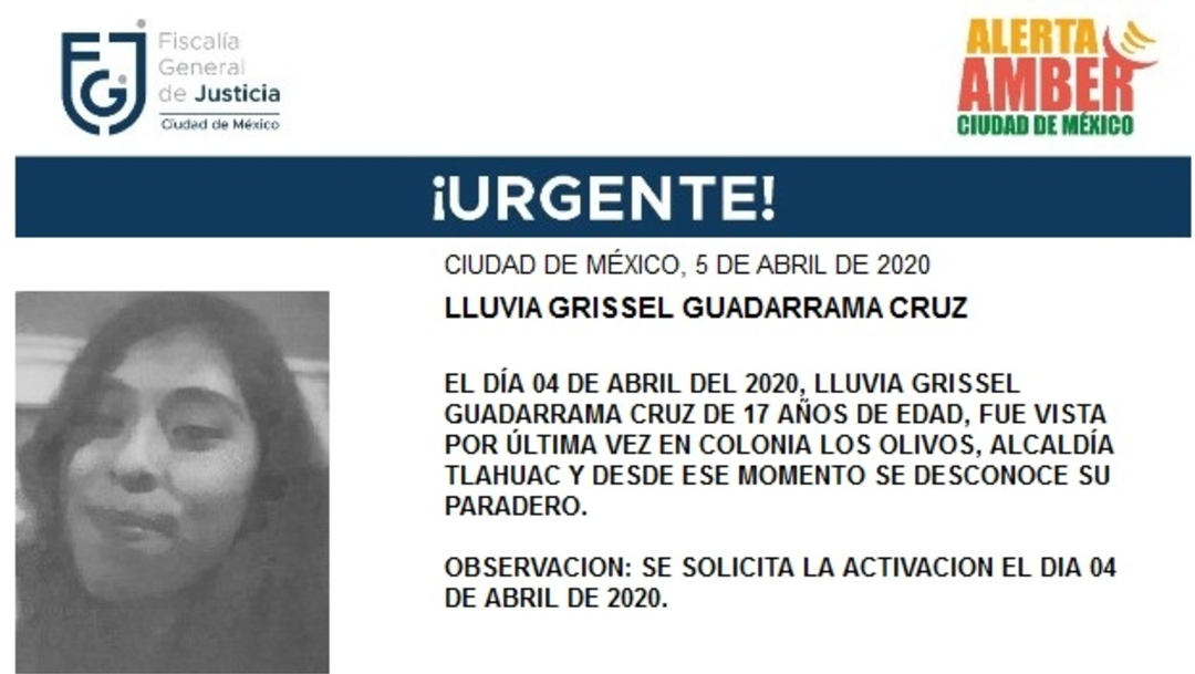 FOTO: Activan Alerta Amber para localizar a Lluvia Grissel Guadarrama Cruz, el 6 de abril de 2020