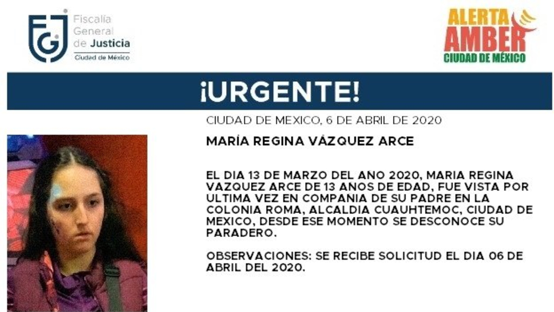 FOTO: Activan Alerta Amber para localizar a María Regina Vázquez Arce, de 13 años, el 7 de abril de 2020