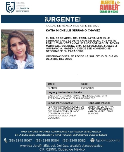 Foto: Activan Alerta Amber para localizar a Katia Michelle Serrano Chávez