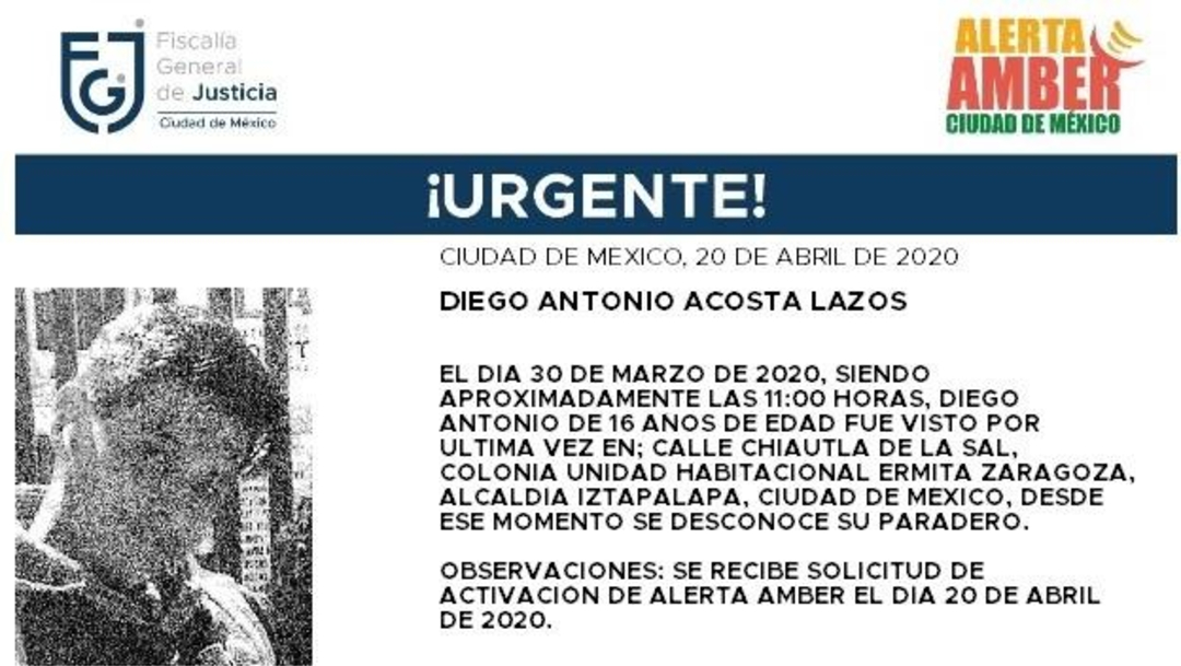 FOTO: Alerta Amber para localizar a Diego Antonio Acosta Lazos, el 21 de abril de 2020