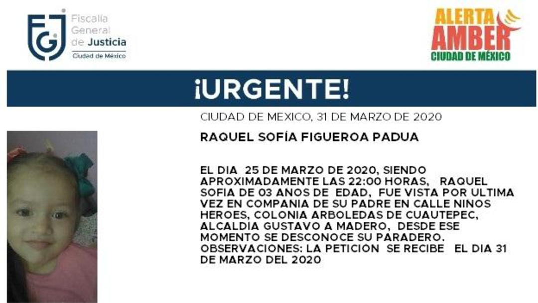 FOTO: Activan Alerta Amber para localizar a Raquel Sofía Figueroa Padua, el 01 de abril de 2020