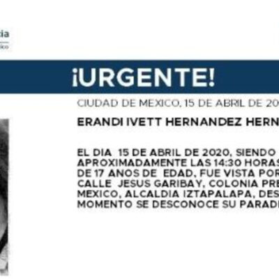 Activan Alerta Amber para localizar a Erandi Ivett Hernández Hernández