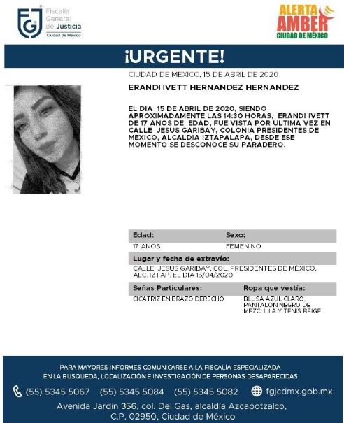 Foto: Activan Alerta Amber para localizar a Erandi Ivett Hernández Hernández, 16 abril 2020