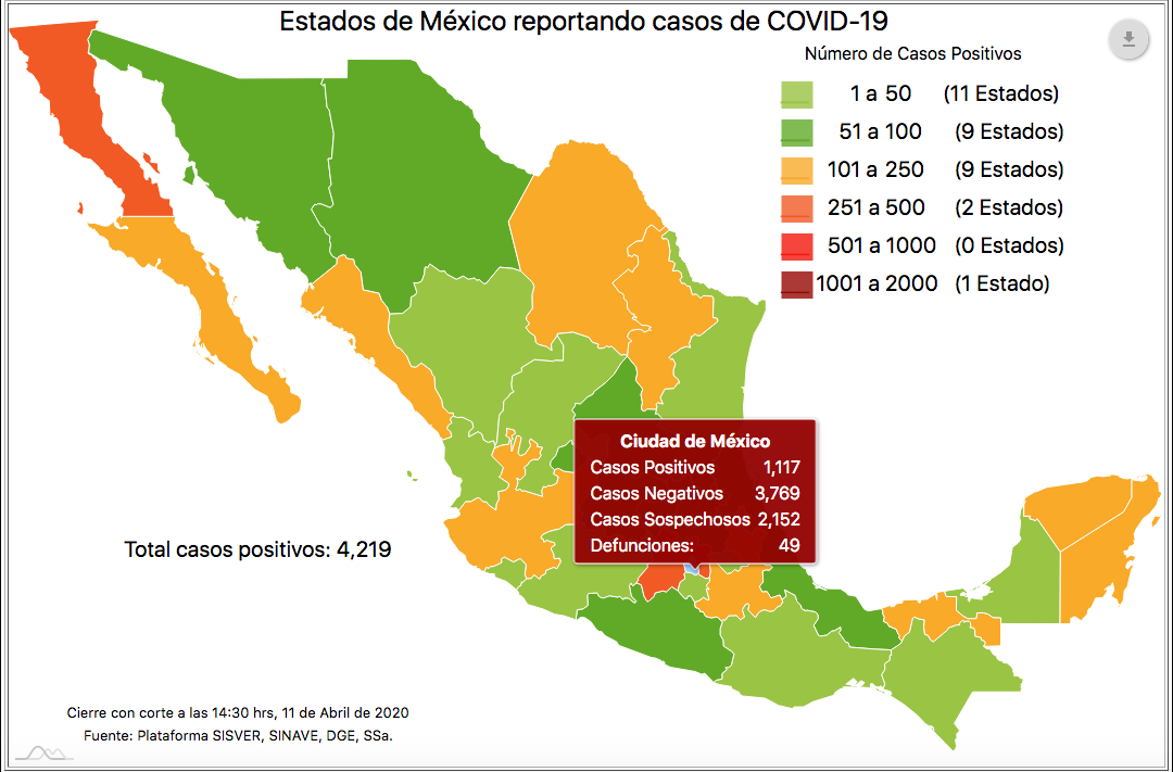 Mapa de casos confirmados en la Ciudad de México (SSa)