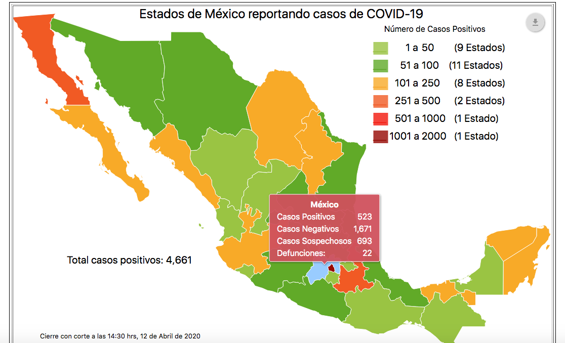 Foto: Casos confirmados de coronavirus en el Estado de México, 12 de abril de 2020 (Ssa)