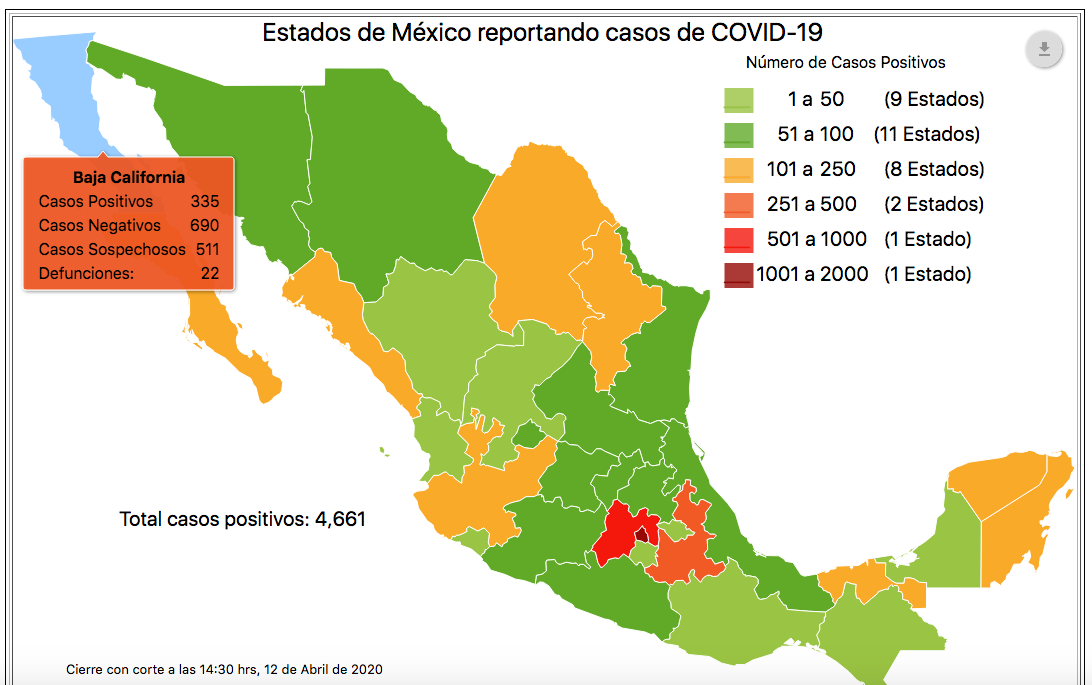 Foto: Casos confirmados de coronavirus en Baja California, 12 de abril de 2020 (Ssa)