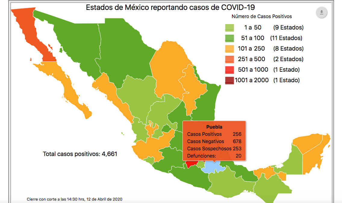 Foto: Casos confirmados de coronavirus en Puebla, 12 de abril de 2020 (Ssa)