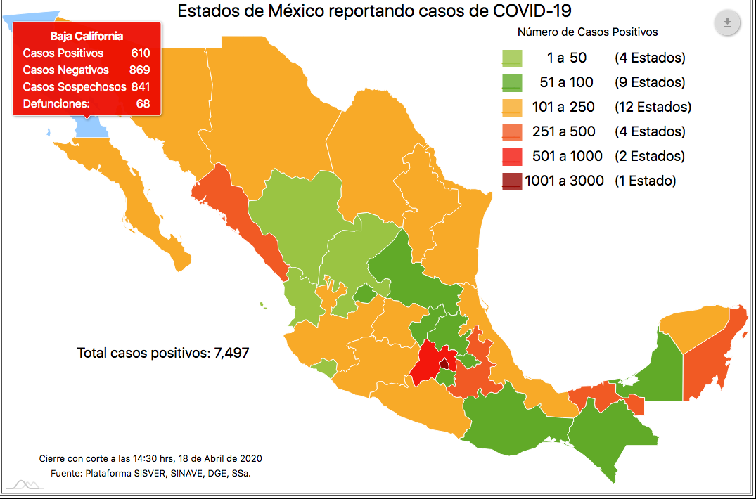 Foto: Mapa de los casos confirmados de coronavirus en la Baja California, 18 de abril de 2020 (Ssa)